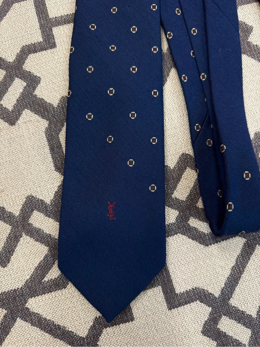 Yves Saint Laurent 56” Silk Tie Navy Dot Geometric Pattern Classic Designer Tie